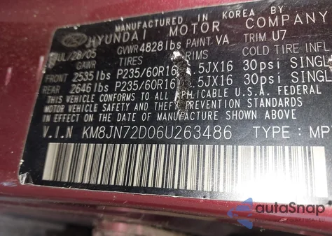 2006 Hyundai Tucson Gls/Limited из США, поврежденный, VIN KM8JN72D06U263486